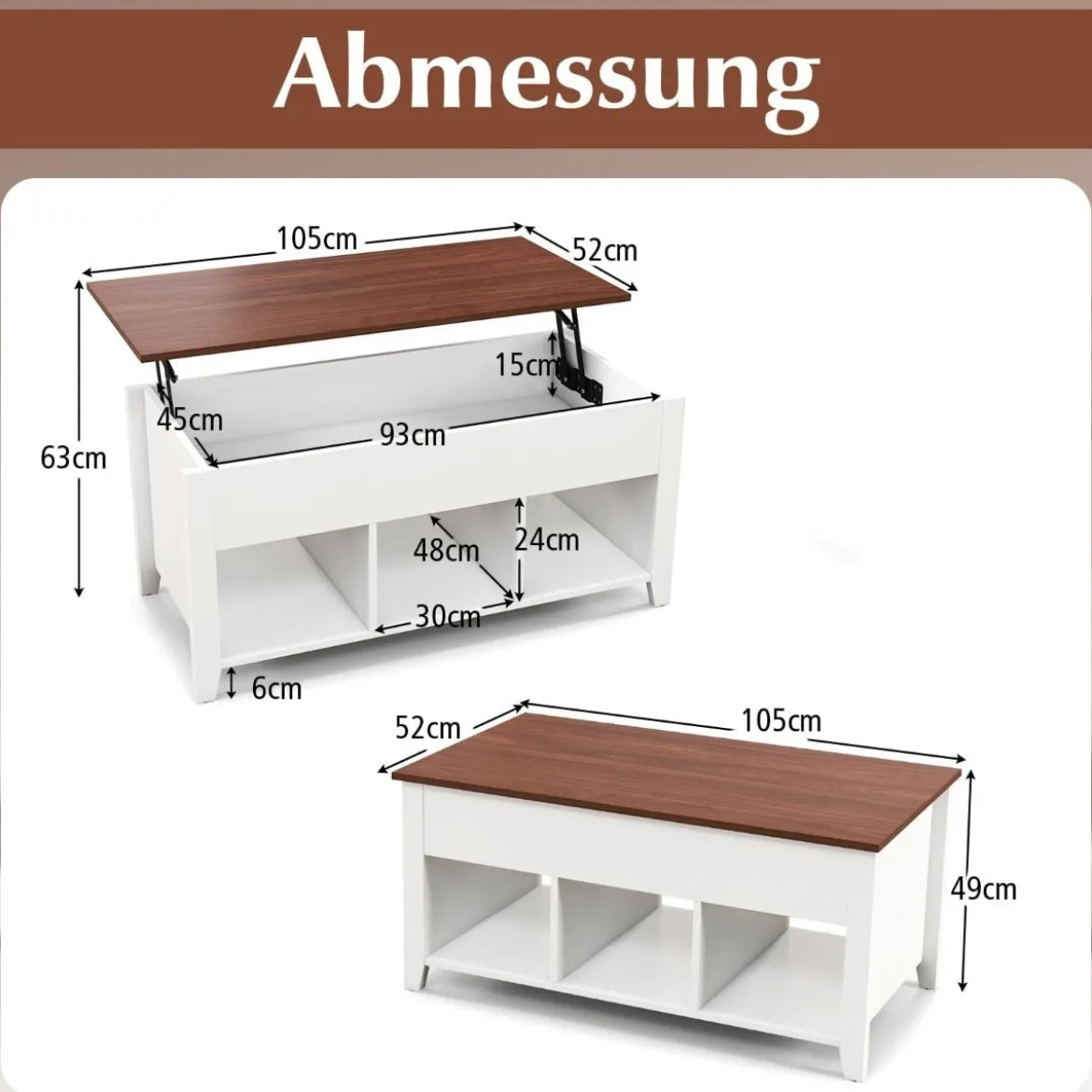 Sofatisch mit Hebeplatte Stauraum & 3 Offene Regale Höhenverstellbar 104,5 x 49 x 48-62,5 cm