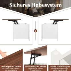 Sofatisch mit Hebeplatte Stauraum & 3 Offene Regale Höhenverstellbar 104,5 x 49 x 48-62,5 cm
