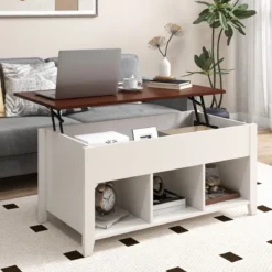 Sofatisch mit Hebeplatte Stauraum & 3 Offene Regale Höhenverstellbar 104,5 x 49 x 48-62,5 cm