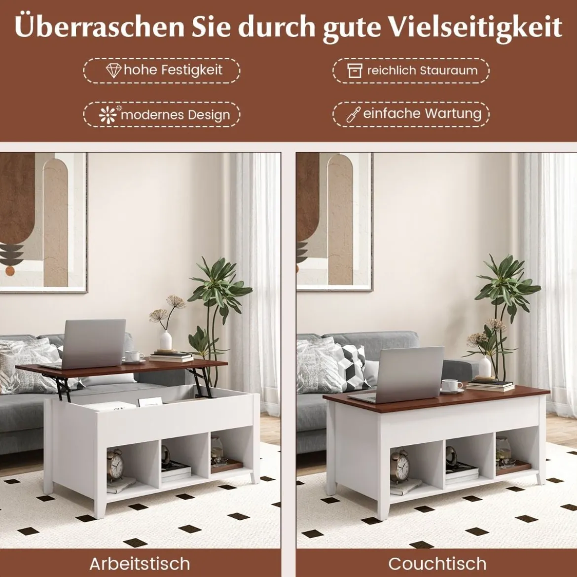 Sofatisch mit Hebeplatte Stauraum & 3 Offene Regale Höhenverstellbar 104,5 x 49 x 48-62,5 cm