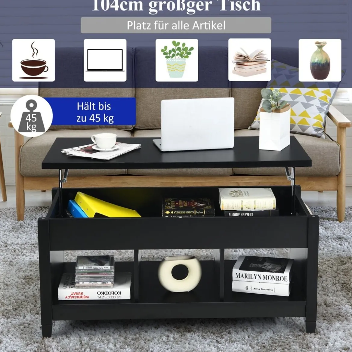 Sofatisch mit Hebeplatte Stauraum & 3 Offene Regale Höhenverstellbar 104,5 x 49 x 48-62,5 cm