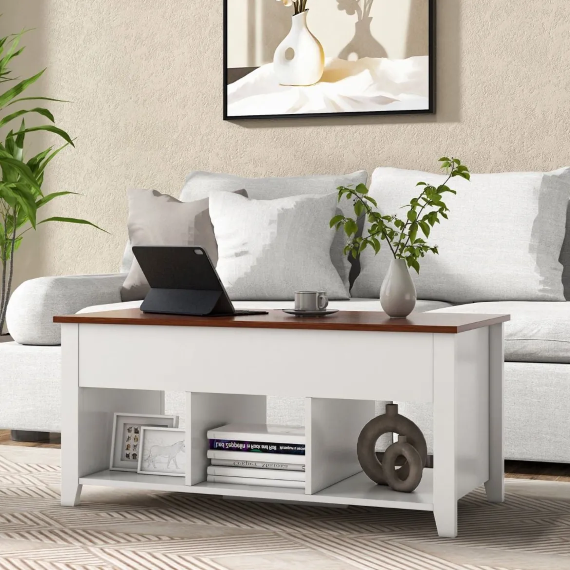Sofatisch mit Hebeplatte Stauraum & 3 Offene Regale Höhenverstellbar 104,5 x 49 x 48-62,5 cm
