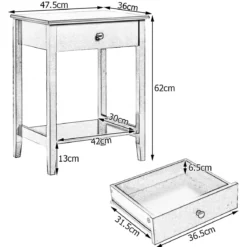 Sofatisch 2-Stufiger Nachttisch aus Holz mit Schiebeschublade 47,5 x 36 x 62 cm Weiß