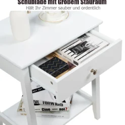 Sofatisch 2-Stufiger Nachttisch aus Holz mit Schiebeschublade 47,5 x 36 x 62 cm Weiß