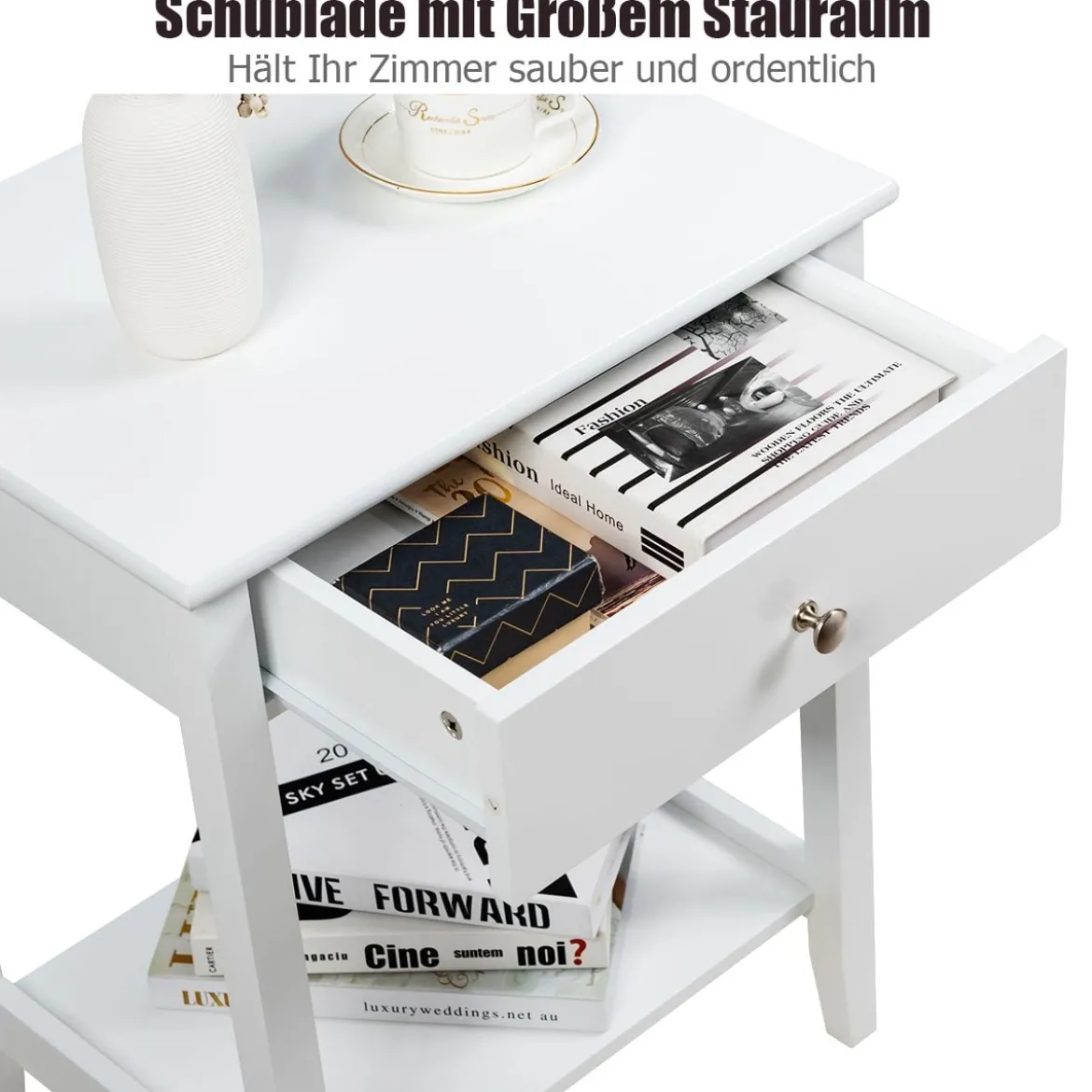 Sofatisch 2-Stufiger Nachttisch aus Holz mit Schiebeschublade 47,5 x 36 x 62 cm Weiß