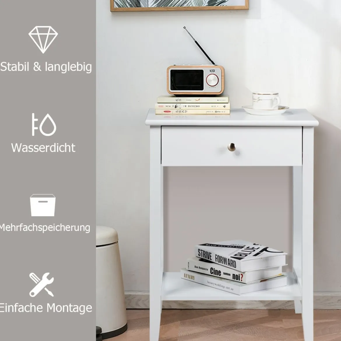Sofatisch 2-Stufiger Nachttisch aus Holz mit Schiebeschublade 47,5 x 36 x 62 cm Weiß
