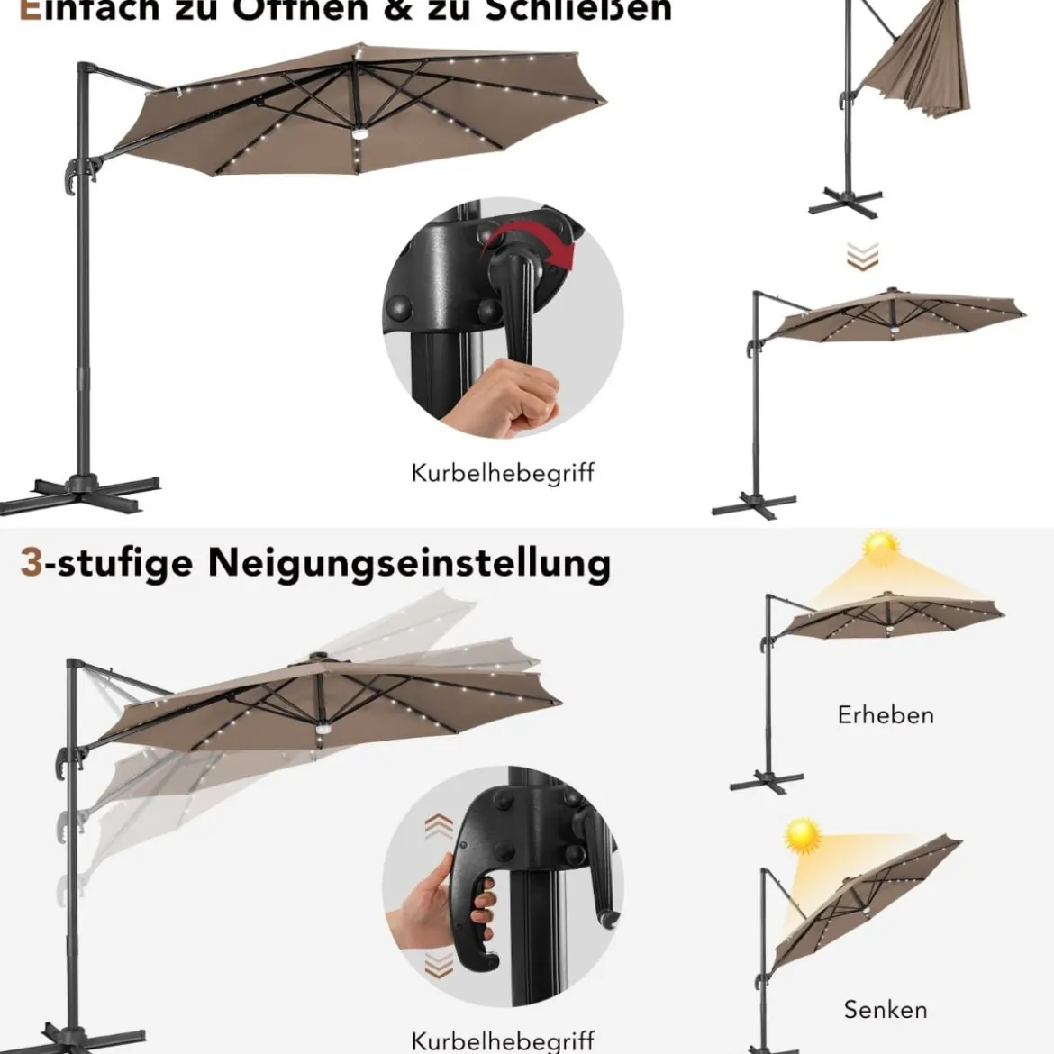 Solarbetriebener Schirm mit 28 LED-Lichtern & 3 Neigungseinstellungen Ø300 x 253 cm Braun