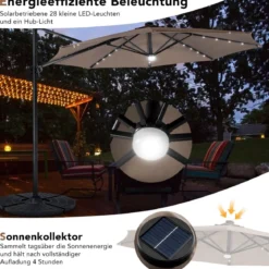 Solarbetriebener Schirm mit 28 LED-Lichtern & 3 Neigungseinstellungen Ø300 x 253 cm Braun