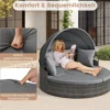 Sonneninsel mit Dach & Tisch & Sitz- und Rückenkissen Rattan Sonnenliege Gartenliege Grau