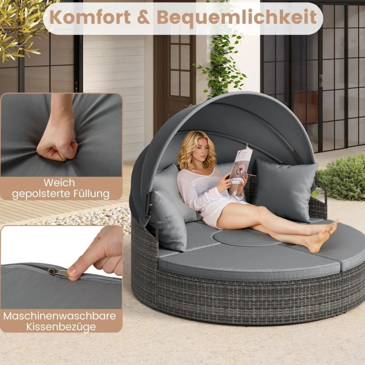 Sonneninsel mit Dach & Tisch & Sitz- und Rückenkissen Rattan Sonnenliege Gartenliege Grau