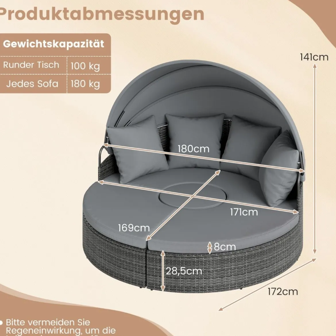 Sonneninsel mit Dach & Tisch & Sitz- und Rückenkissen Rattan Sonnenliege Gartenliege Grau