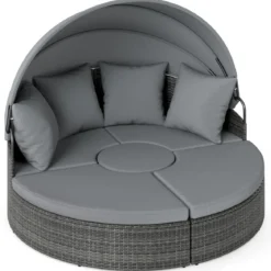 Sonneninsel mit Dach & Tisch & Sitz- und Rückenkissen Rattan Sonnenliege Gartenliege Grau