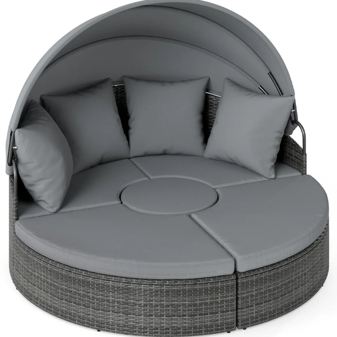 Sonneninsel mit Dach & Tisch & Sitz- und Rückenkissen Rattan Sonnenliege Gartenliege Grau