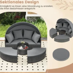 Sonneninsel mit Dach & Tisch & Sitz- und Rückenkissen Rattan Sonnenliege Gartenliege Grau