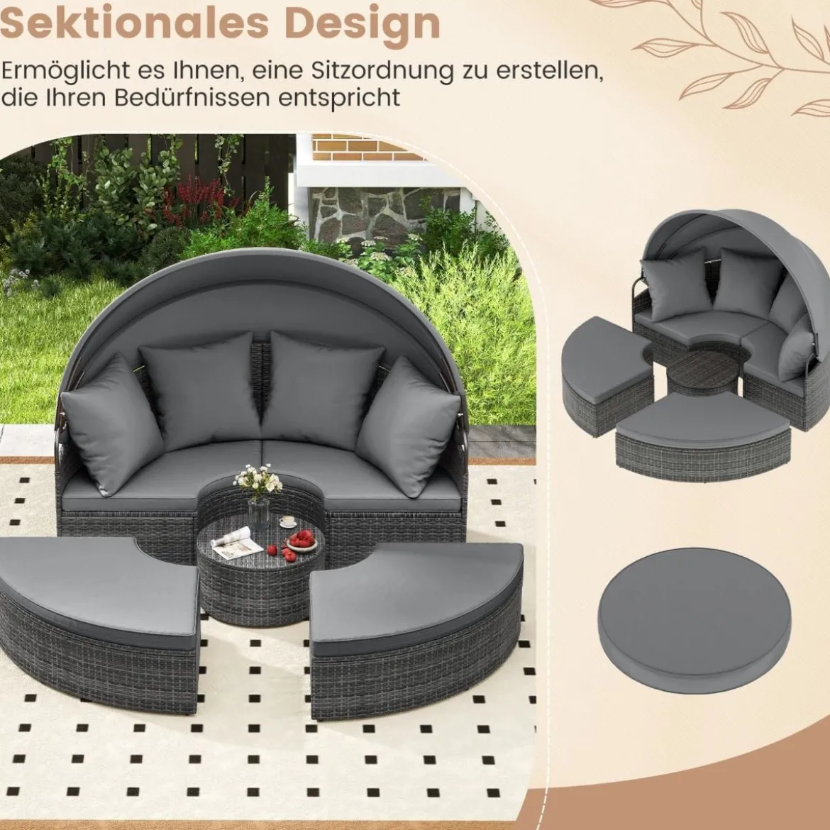 Sonneninsel mit Dach & Tisch & Sitz- und Rückenkissen Rattan Sonnenliege Gartenliege Grau