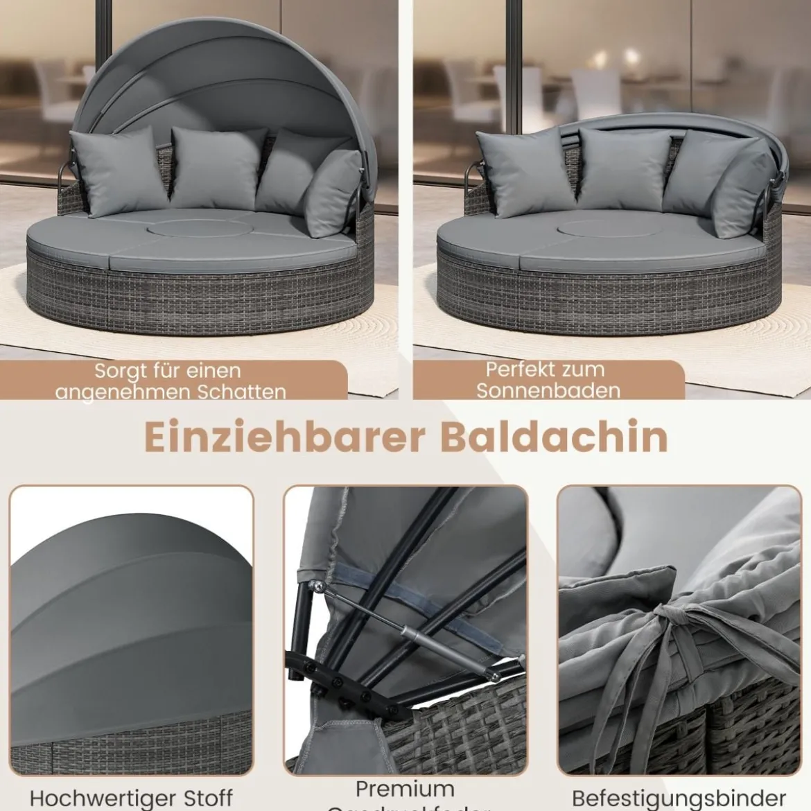 Sonneninsel mit Dach & Tisch & Sitz- und Rückenkissen Rattan Sonnenliege Gartenliege Grau
