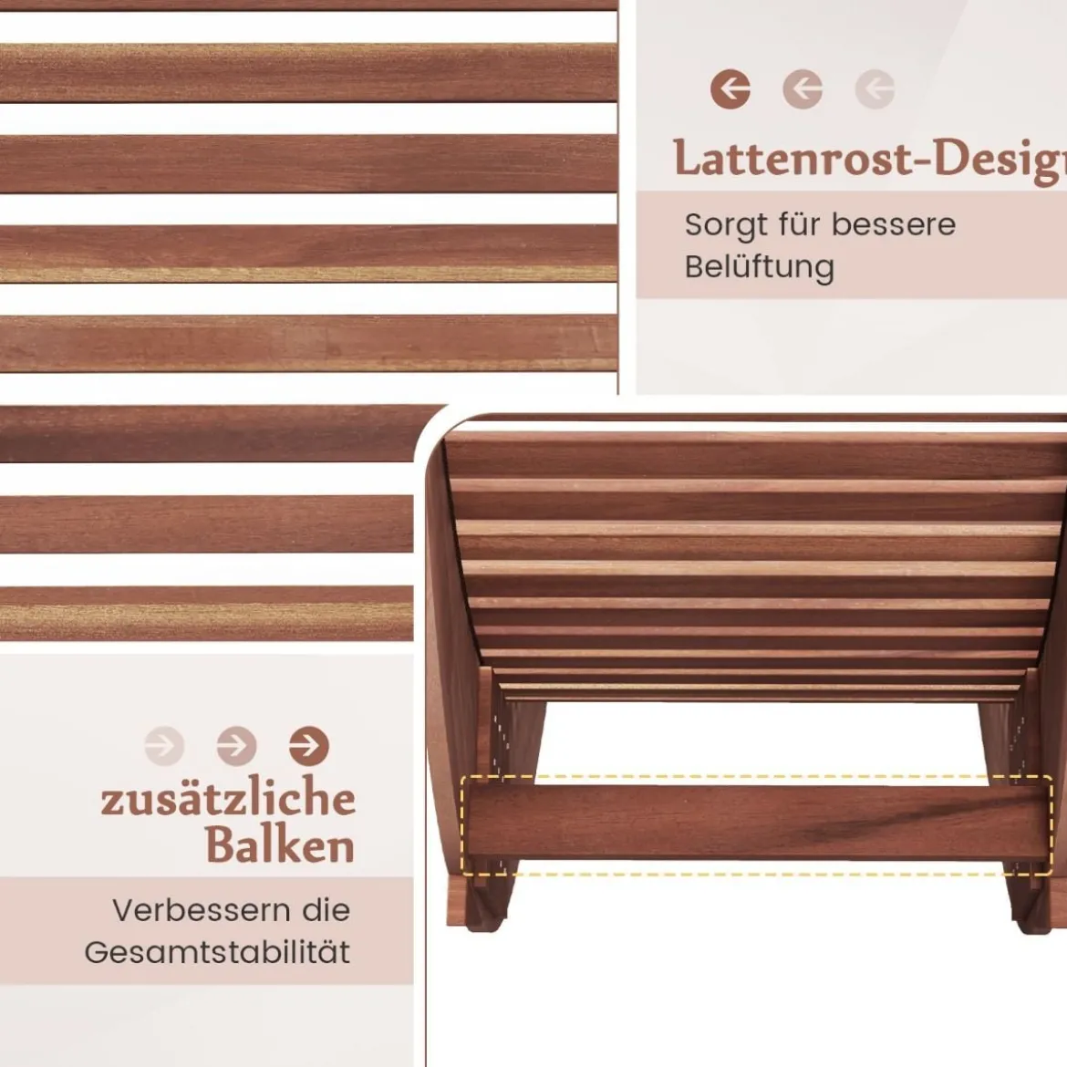 Sonnenliege Akazienholz ergonomische Holzliege Gartenliege Terrassenliege bis 160 kg belastbar 157 x 60 x 76 cm Natur