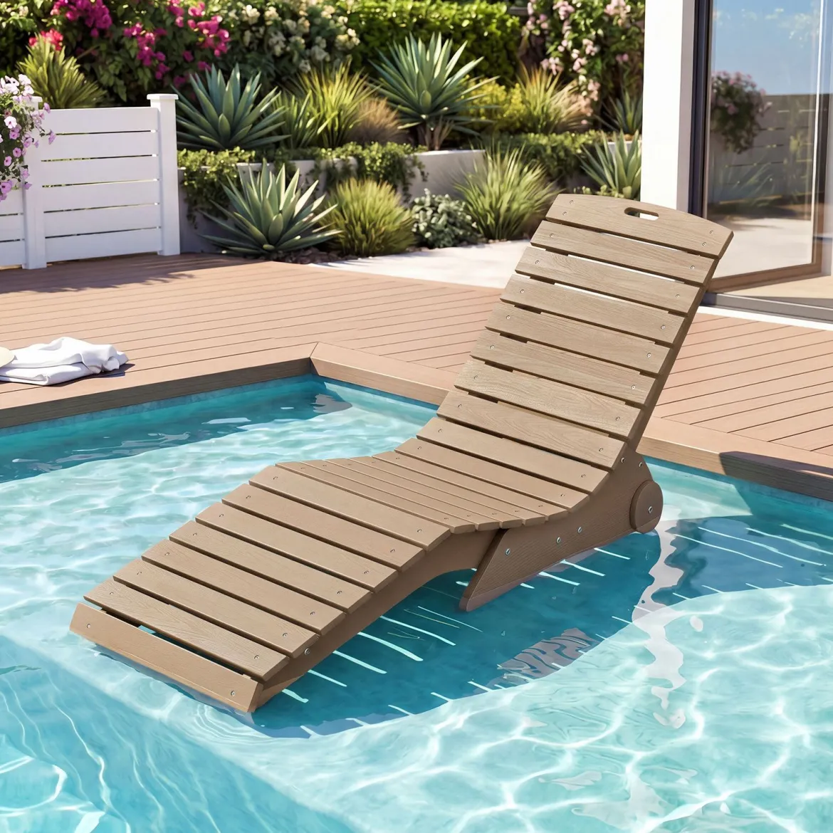 Sonnenliege aus HDPE Ergonomische Gartenliege in S Form Wetterfester Strandliege mit Rollen Braun