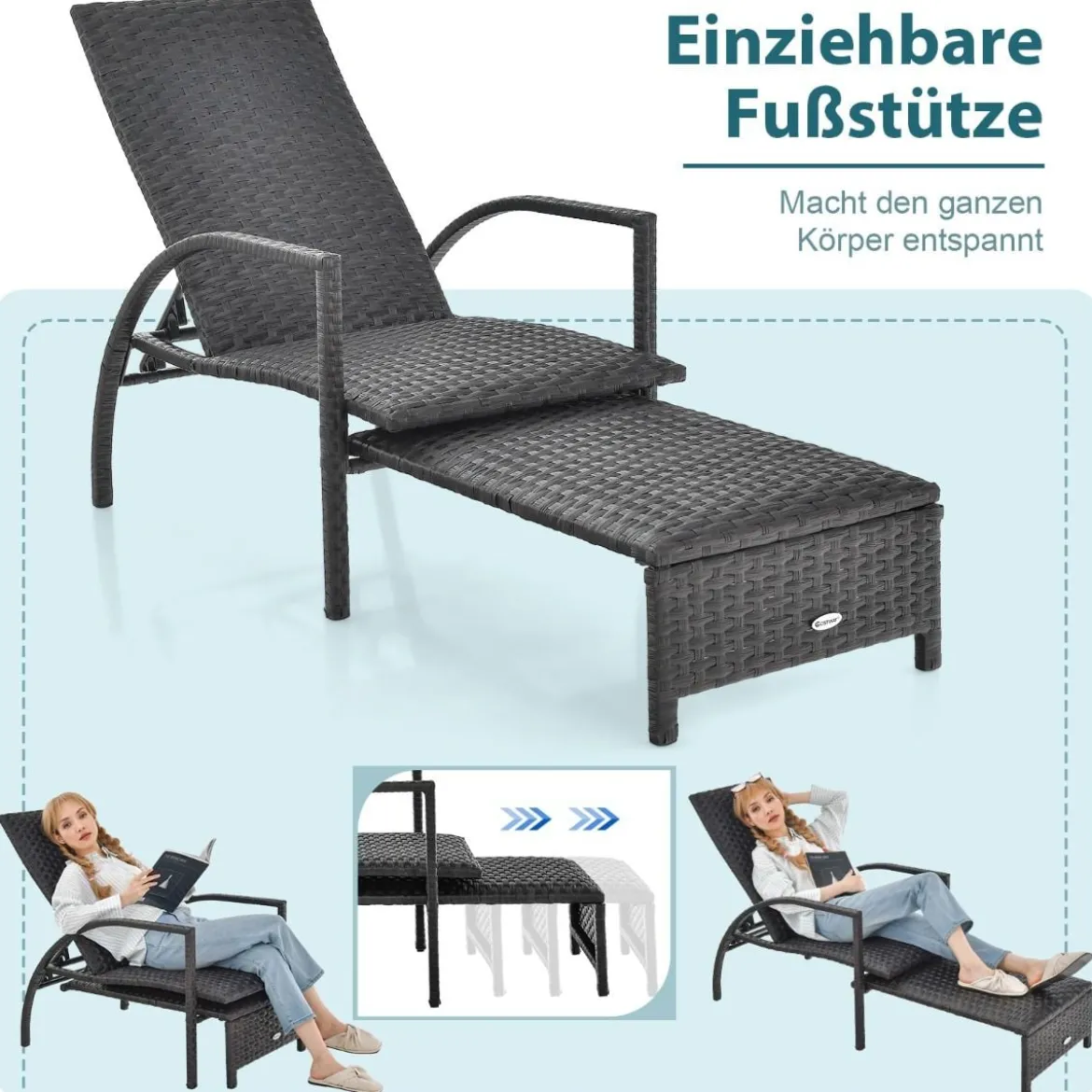 Sonnenliege aus Rattan mit Ausziehbarer Fußstütze & 5-stufig Verstellbarer Rückenlehne