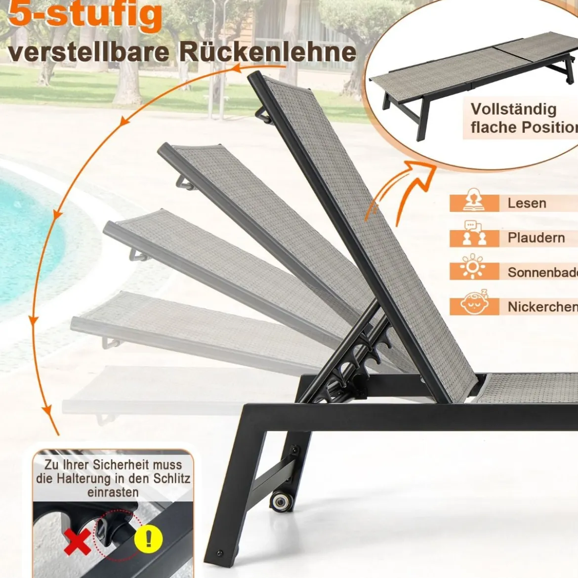 Sonnenliege aus Verzinktem Metall & PE-Rattan mit Rollen & 5-fach verstellbarer Rückenlehne