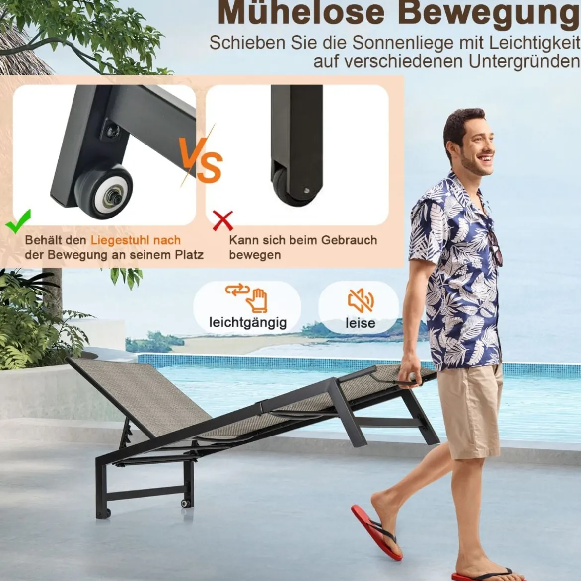 Sonnenliege aus Verzinktem Metall & PE-Rattan mit Rollen & 5-fach verstellbarer Rückenlehne