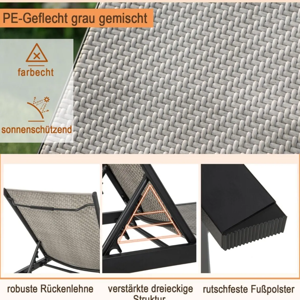 Sonnenliege aus Verzinktem Metall & PE-Rattan mit Rollen & 5-fach verstellbarer Rückenlehne