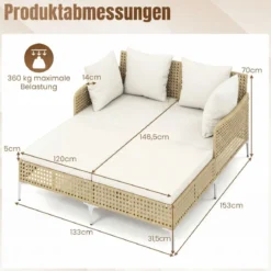Sonnenliege Doppelliege aus Rattan für 2 Personen mit Sitz- & Rückenkissen Outdoor Gartenliege Beige