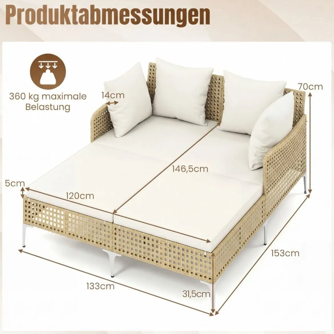 Sonnenliege Doppelliege aus Rattan für 2 Personen mit Sitz- & Rückenkissen Outdoor Gartenliege Beige