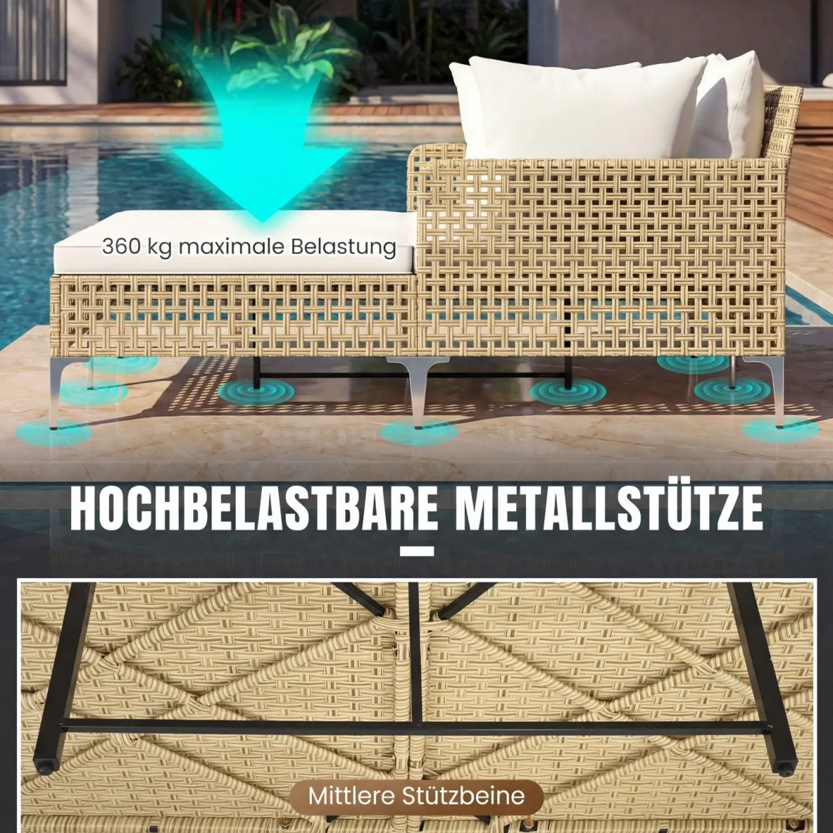 Sonnenliege Doppelliege aus Rattan für 2 Personen mit Sitz- & Rückenkissen Outdoor Gartenliege Beige