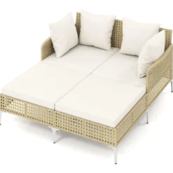 Sonnenliege Doppelliege aus Rattan für 2 Personen mit Sitz- & Rückenkissen Outdoor Gartenliege Beige