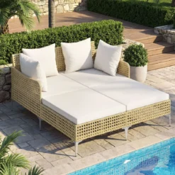 Sonnenliege Doppelliege aus Rattan für 2 Personen mit Sitz- & Rückenkissen Outdoor Gartenliege Beige