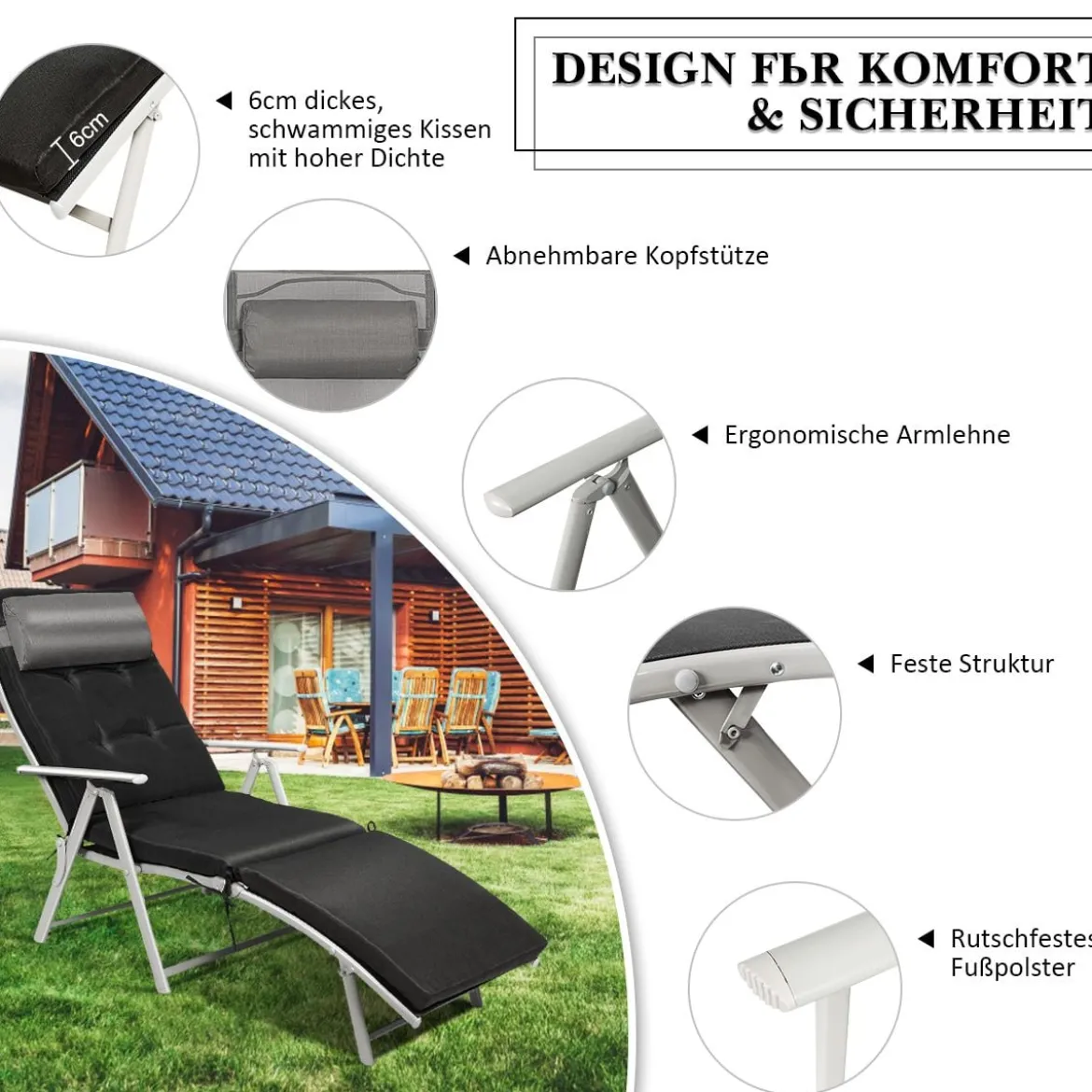 Sonnenliege Einstellbar Gartenliege Liegestuhl Relaxliege Strandliege mit Kissen Grau