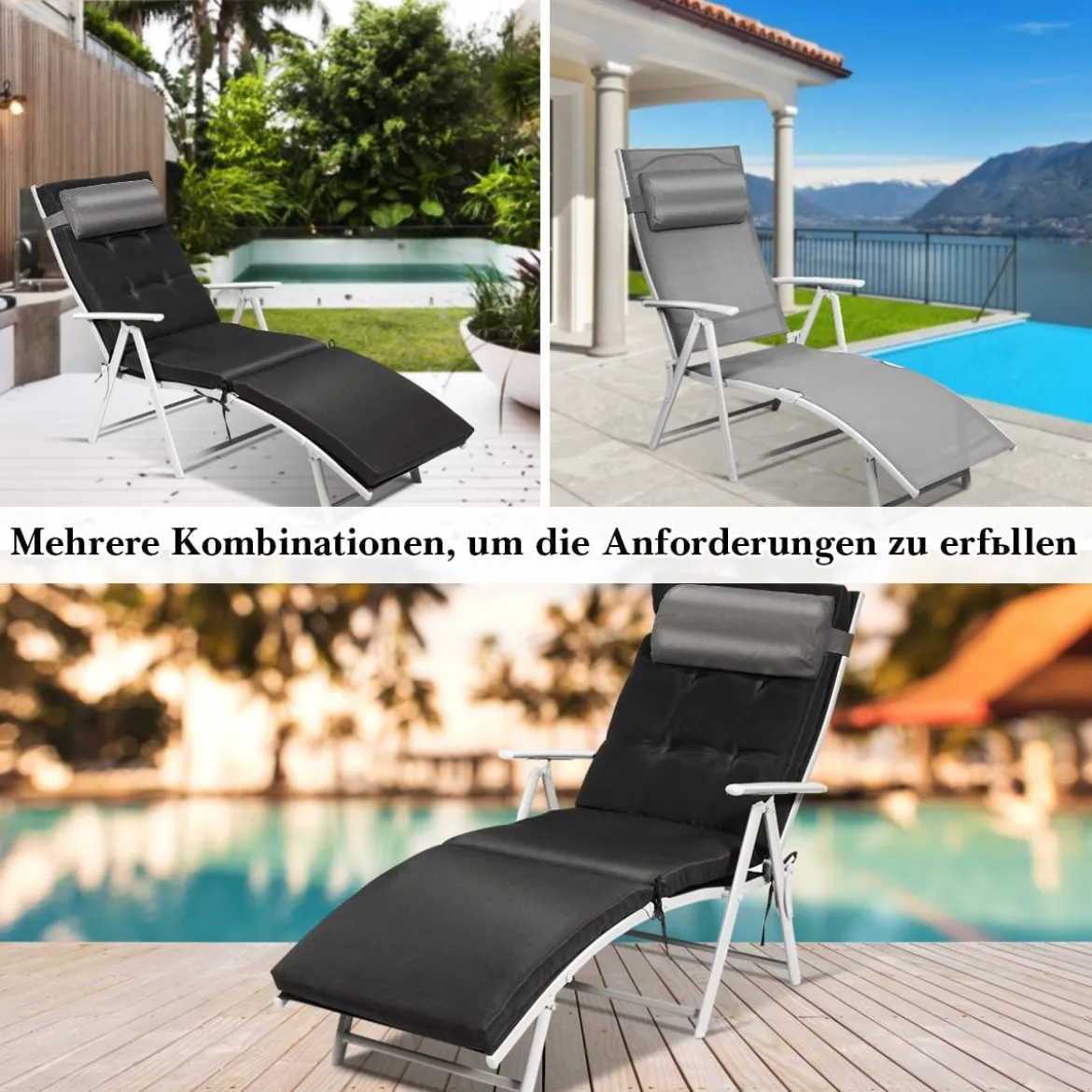Sonnenliege Einstellbar Gartenliege Liegestuhl Relaxliege Strandliege mit Kissen Grau