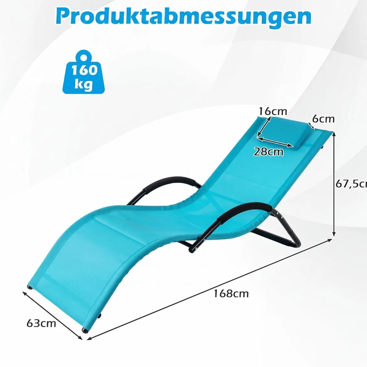 Sonnenliege Ergonomisch Gartenliege mit Abnehmbarem Kopfkissen Liegestuhl bis 160 kg Belastbar Blau/Grau