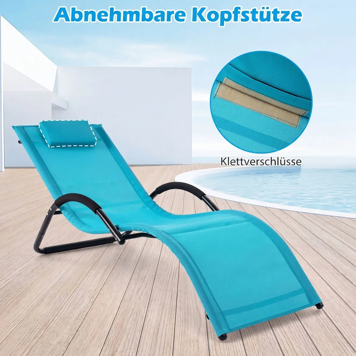 Sonnenliege Ergonomisch Gartenliege mit Abnehmbarem Kopfkissen Liegestuhl bis 160 kg Belastbar Blau/Grau