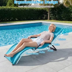 Sonnenliege Ergonomisch Gartenliege mit Abnehmbarem Kopfkissen Liegestuhl bis 160 kg Belastbar Blau/Grau