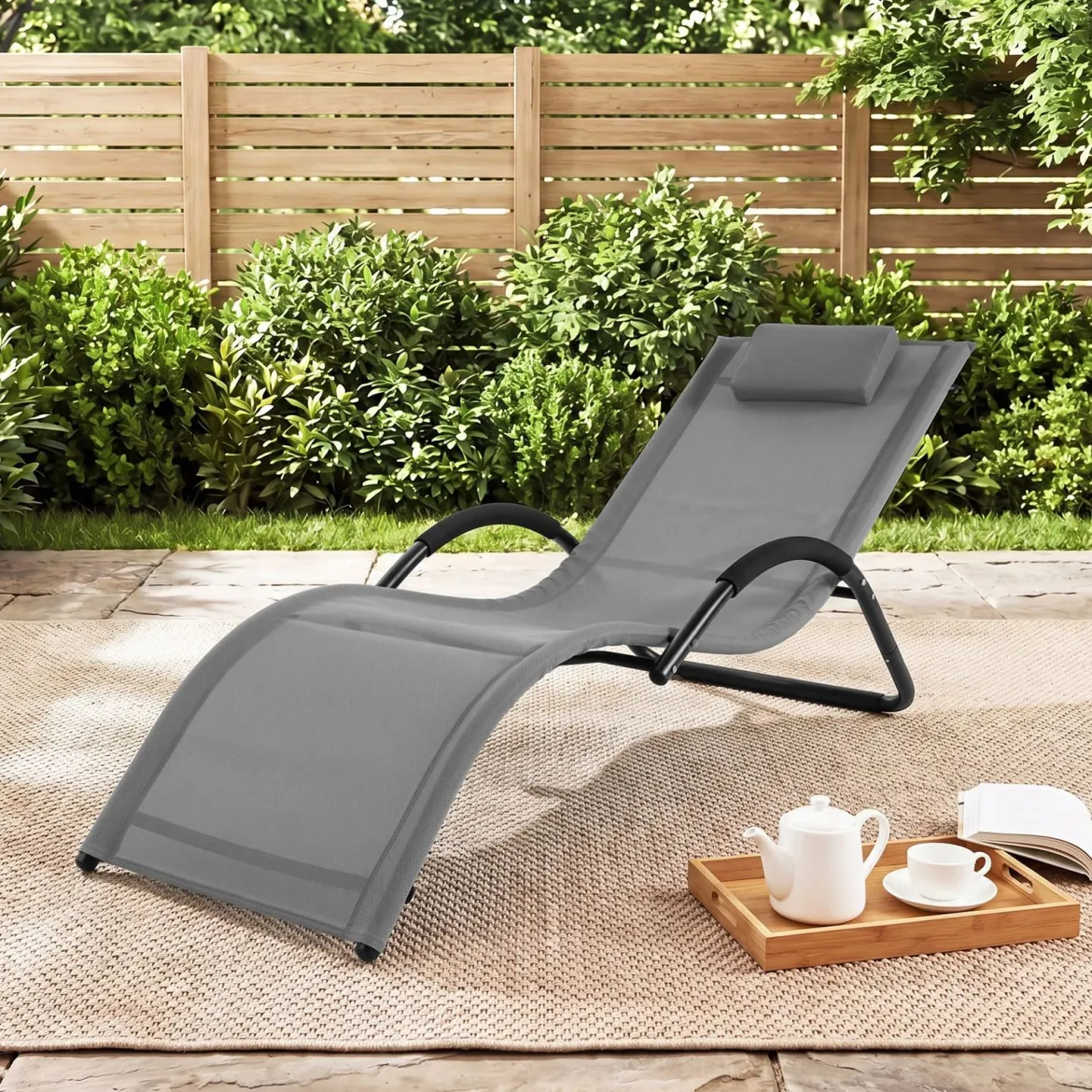 Sonnenliege Ergonomisch Gartenliege mit Abnehmbarem Kopfkissen Liegestuhl bis 160 kg Belastbar Blau/Grau