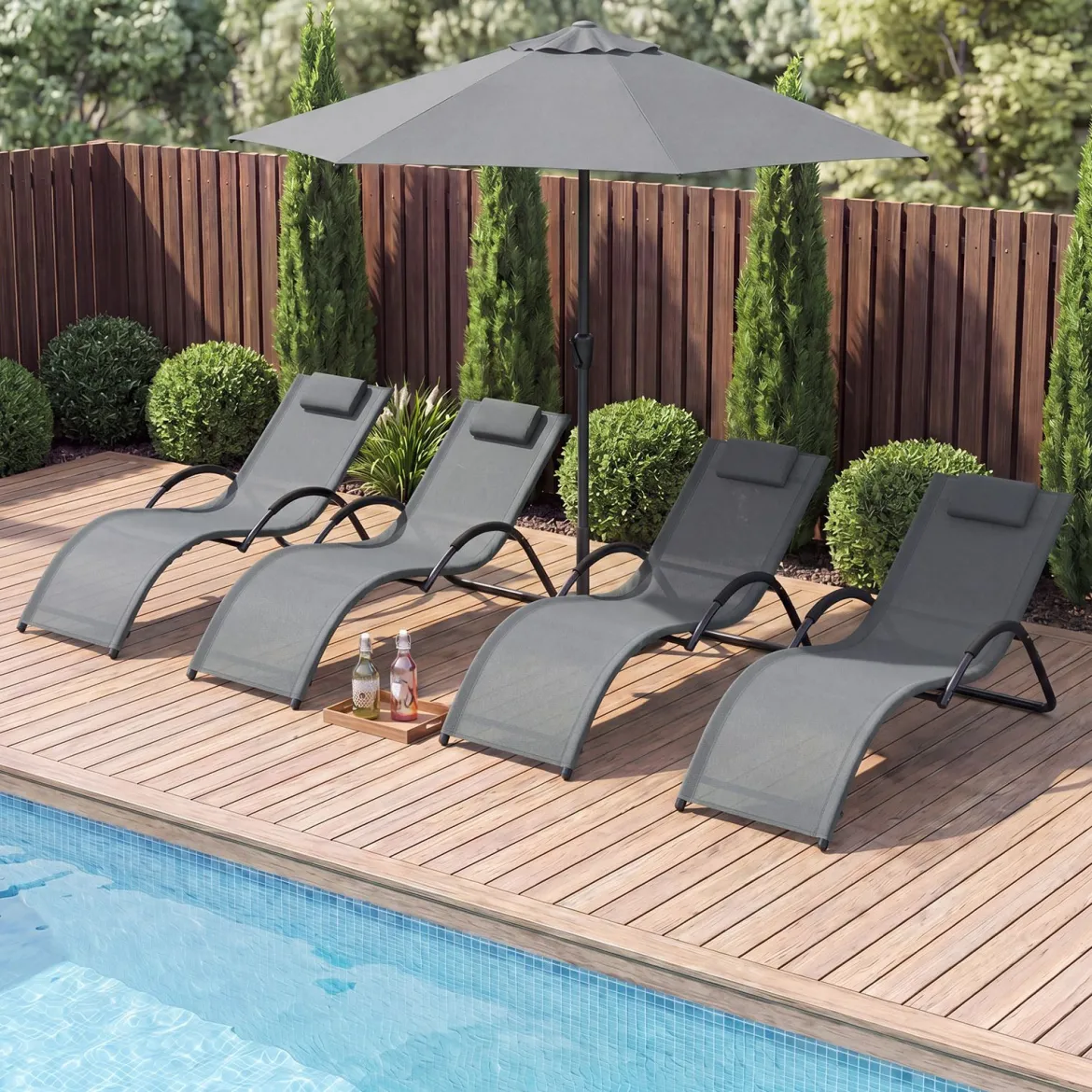 Sonnenliege Ergonomisch Gartenliege mit Abnehmbarem Kopfkissen Liegestuhl bis 160 kg Belastbar Blau/Grau