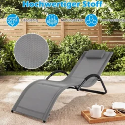 Sonnenliege Ergonomisch Gartenliege mit Abnehmbarem Kopfkissen Liegestuhl bis 160 kg Belastbar Blau/Grau