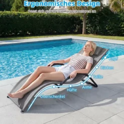 Sonnenliege Ergonomisch Gartenliege mit Abnehmbarem Kopfkissen Liegestuhl bis 160 kg Belastbar Blau/Grau