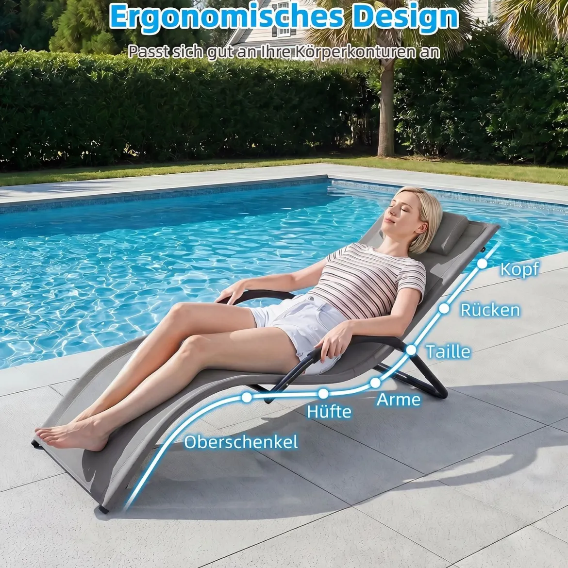 Sonnenliege Ergonomisch Gartenliege mit Abnehmbarem Kopfkissen Liegestuhl bis 160 kg Belastbar Blau/Grau
