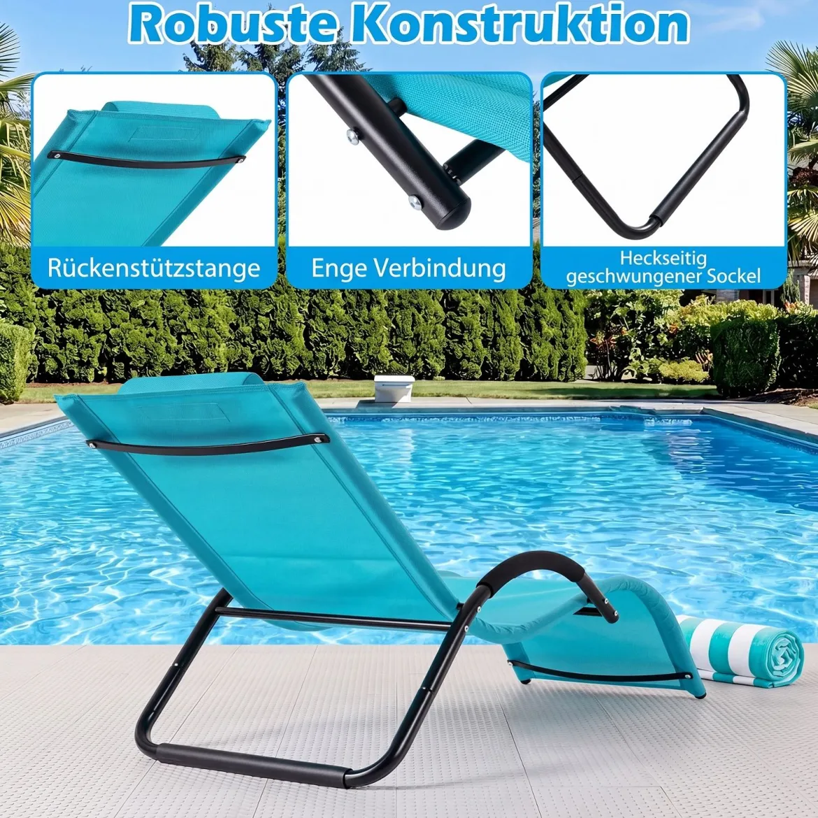 Sonnenliege Ergonomisch Gartenliege mit Abnehmbarem Kopfkissen Liegestuhl bis 160 kg Belastbar Blau/Grau