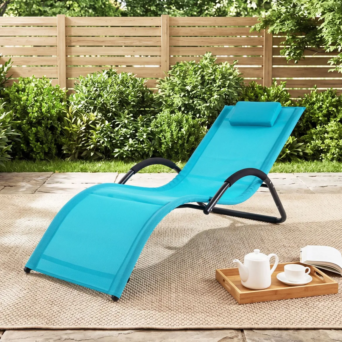 Sonnenliege Ergonomisch Gartenliege mit Abnehmbarem Kopfkissen Liegestuhl bis 160 kg Belastbar Blau/Grau