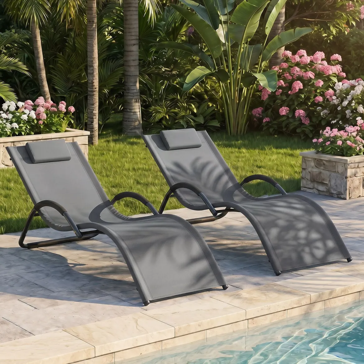 Sonnenliege Ergonomisch Gartenliege mit Abnehmbarem Kopfkissen Liegestuhl bis 160 kg Belastbar Blau/Grau