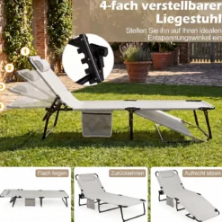 Sonnenliege Faltbare Liegestuhl mit Abnehmbare Matratze 4-fach Verstellbare Rückenlehne & Metallrahmen Grau