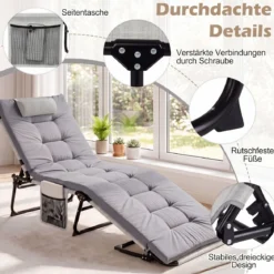 Sonnenliege Faltbare Liegestuhl mit Abnehmbare Matratze 4-fach Verstellbare Rückenlehne & Metallrahmen Grau