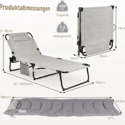 Sonnenliege Faltbare Liegestuhl mit Abnehmbare Matratze 4-fach Verstellbare Rückenlehne & Metallrahmen Grau