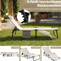 Sonnenliege Faltbare Liegestuhl mit Abnehmbare Matratze 4-fach Verstellbare Rückenlehne & Metallrahmen Beige