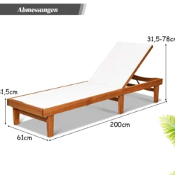 Sonnenliege Gartenliege aus Holz Terrassenliege mit verstellbarer Lehne 200 x 61 x 31,5 cm Natur + Weiß