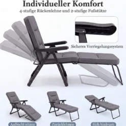 Sonnenliege Gartenliege Klappbar mit Dickem Sitzkissen Verstellbarer Rückenlehne & Armlehnen Grau
